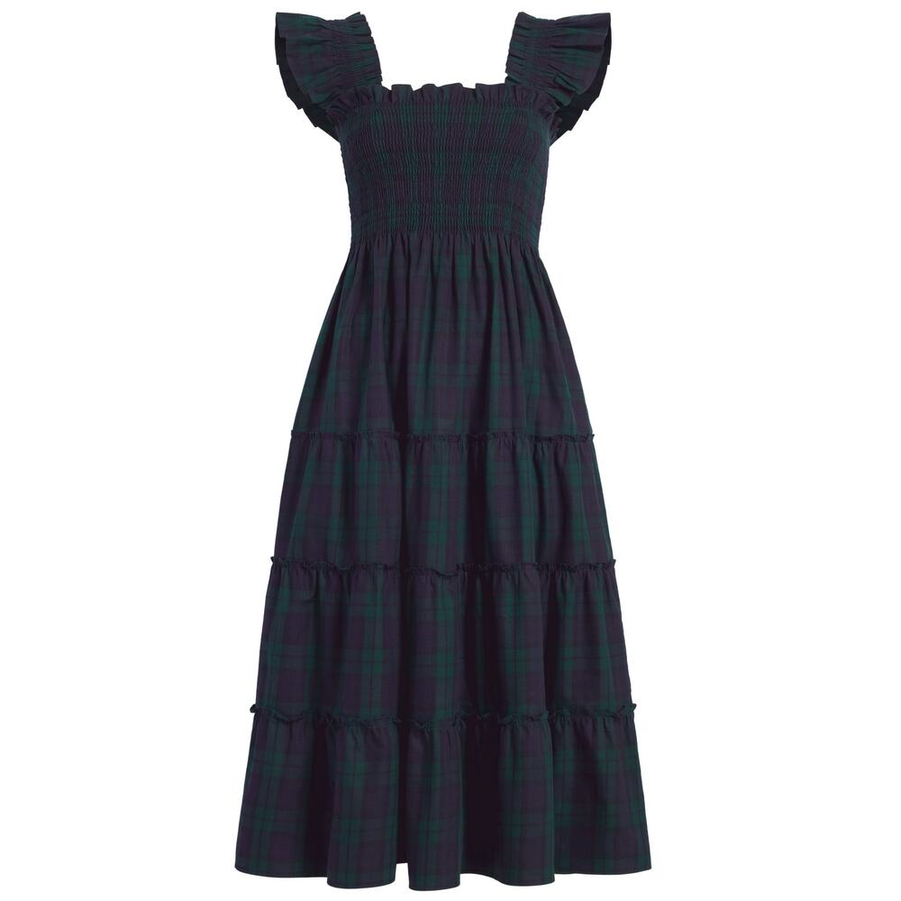 Smocked Ruffle Strap Maxi Dress in Black and Green Plaid